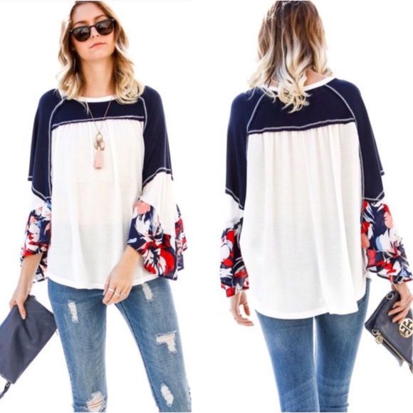 LAST ONE! Navy & White Top w/ Floral Sleeves - Picture 3 of 7